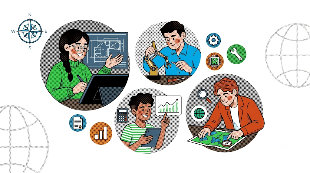 Illustration of learners studying computer science, engineering, data and geography